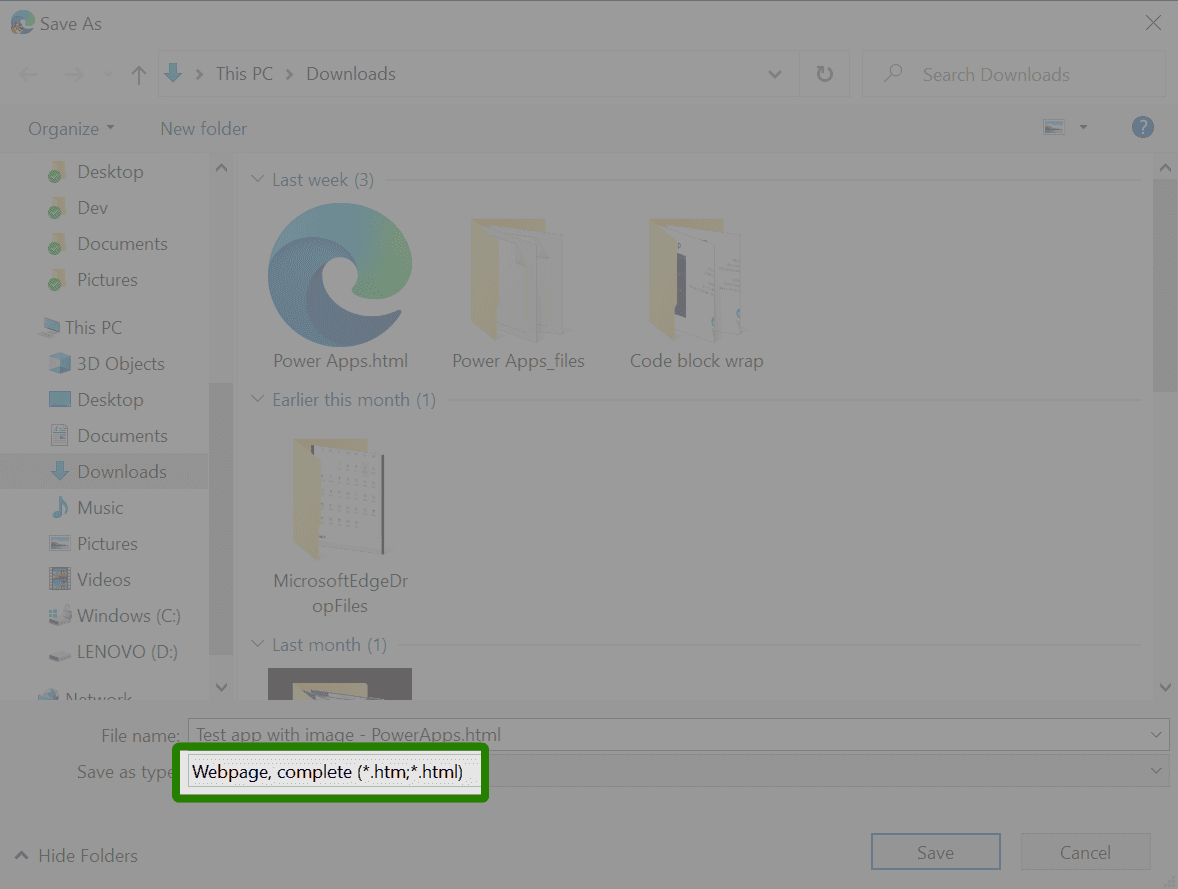 Download window with webpage, complete type selected