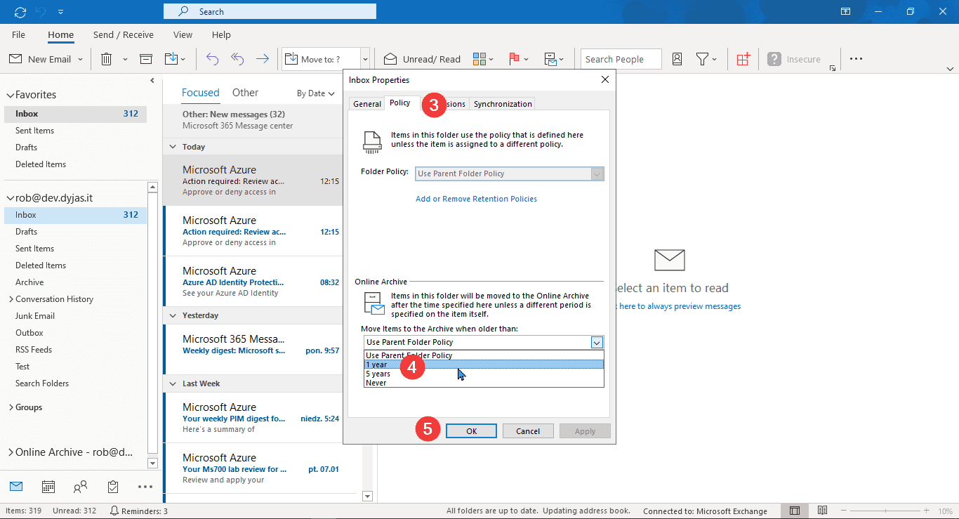 Choosing archive policy with Outlook