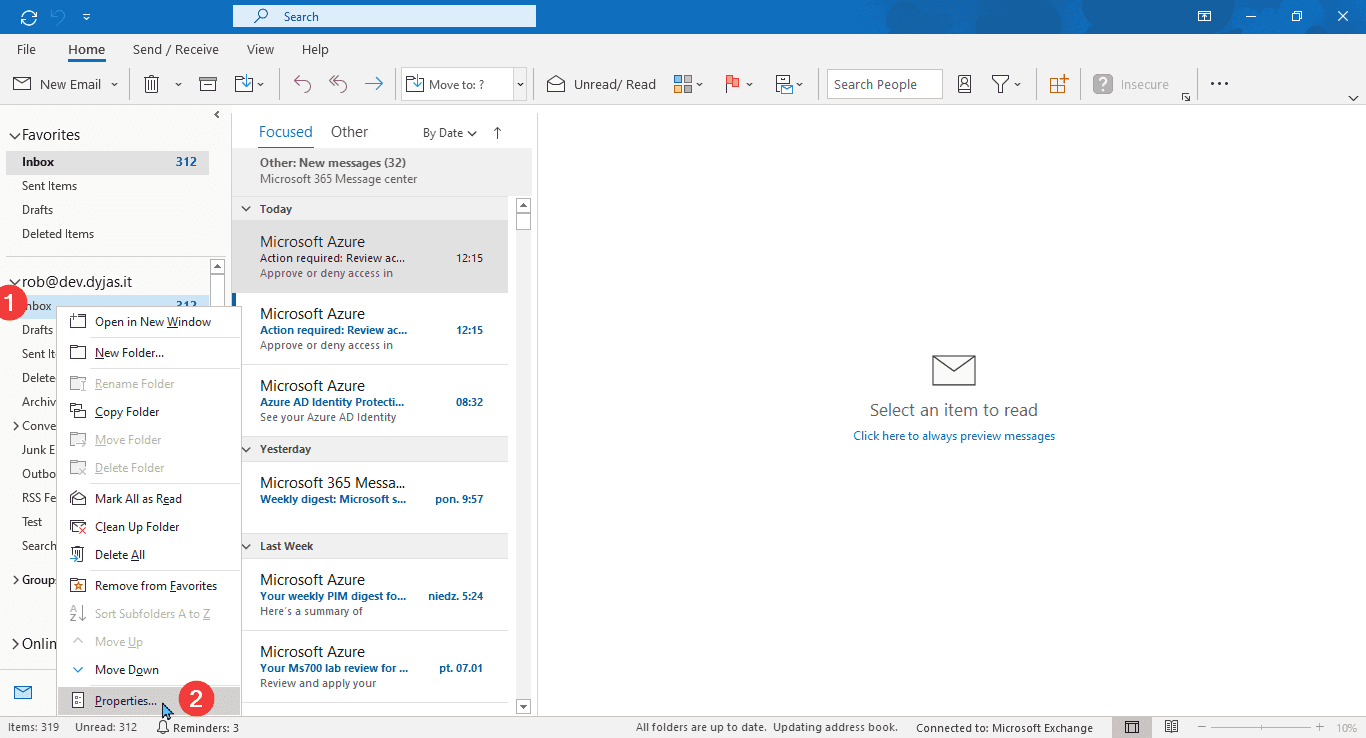 Opening folder properties with Outlook