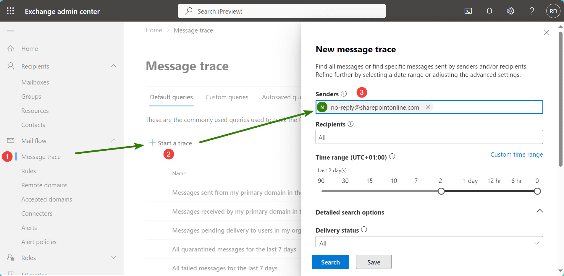 Configuring the message trace options