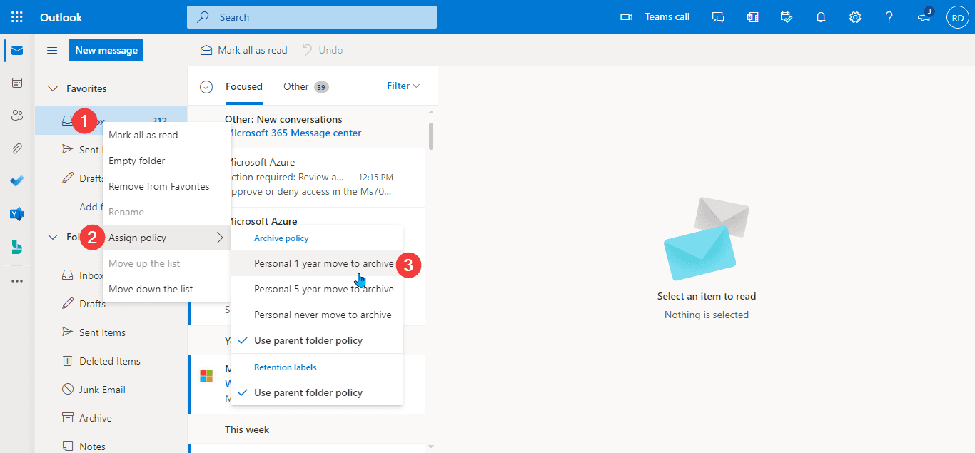 Applying archive policy to a folder in Outlook on the web