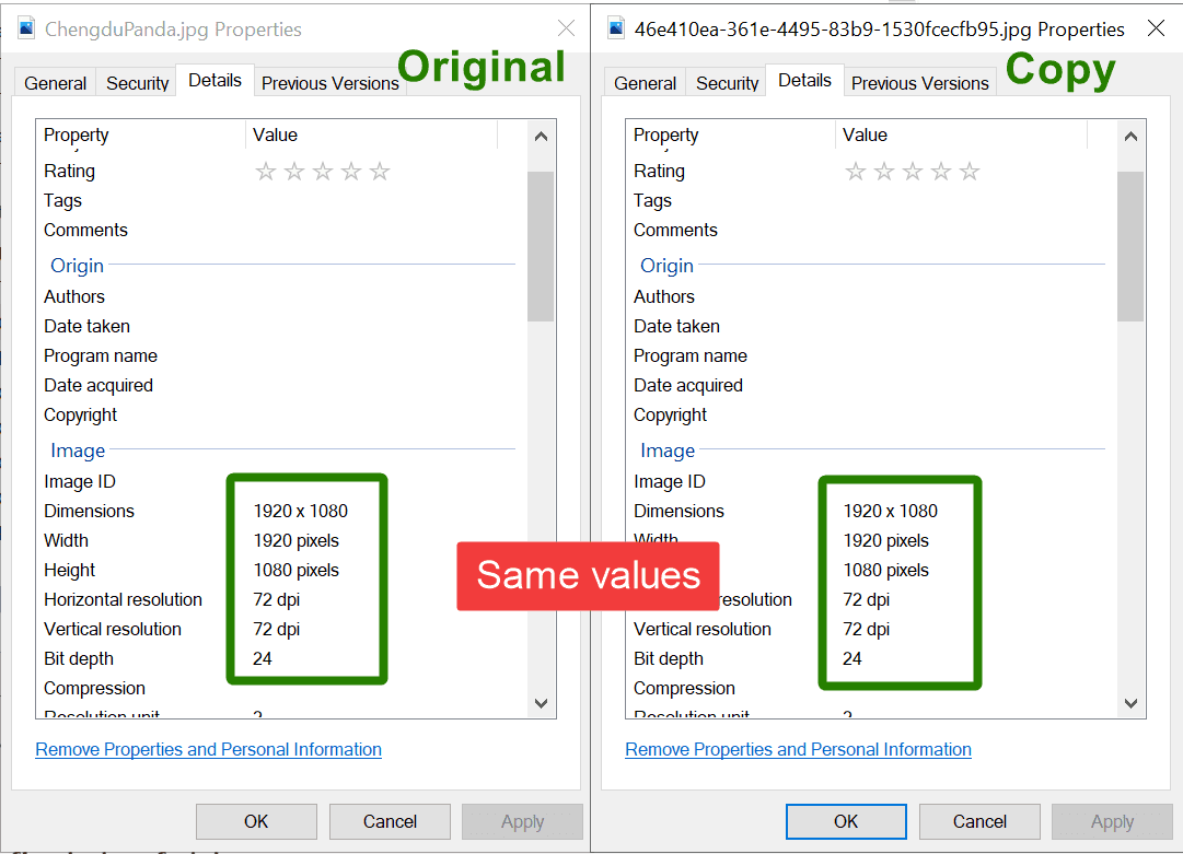 Properties comparison of two files