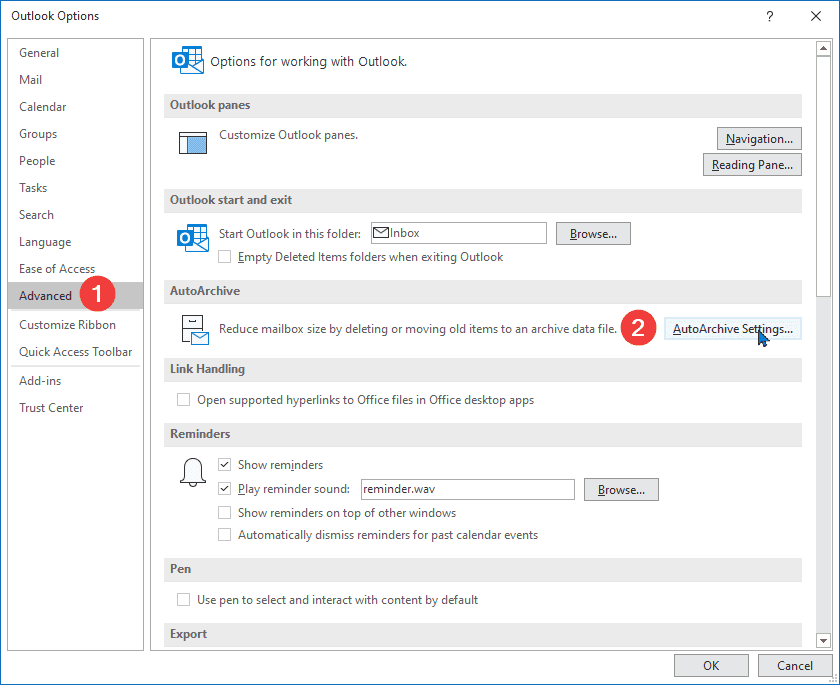 Accessing AutoArchive settings in Outlook