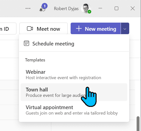 Choosing Town Hall from the New meeting dropdown
