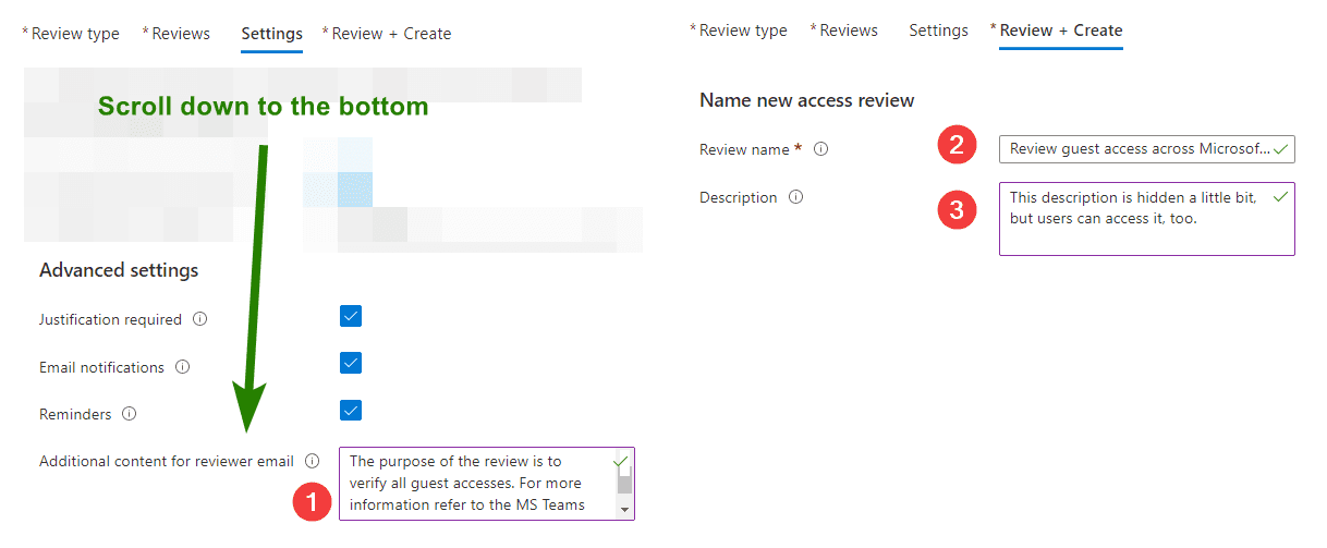 Three types of description in the new access review wizard