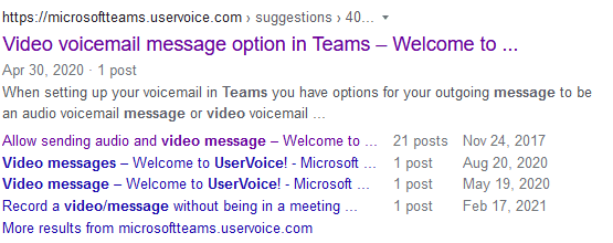 Google results for video messages in Teams