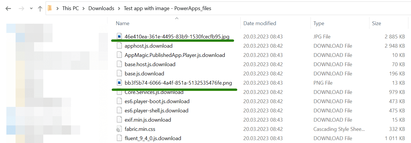 Folder with files, including uploaded images