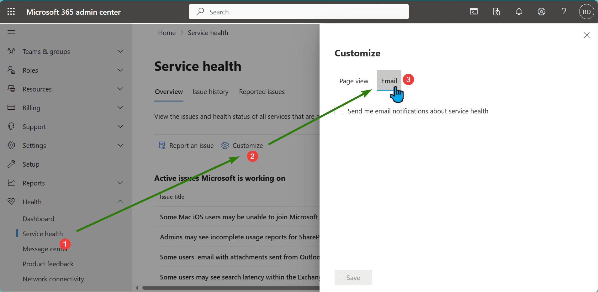 Opening Email settings of the Service Health