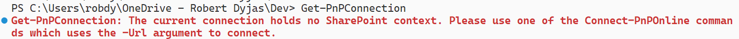 Return from Get-PnPConnection showing an error