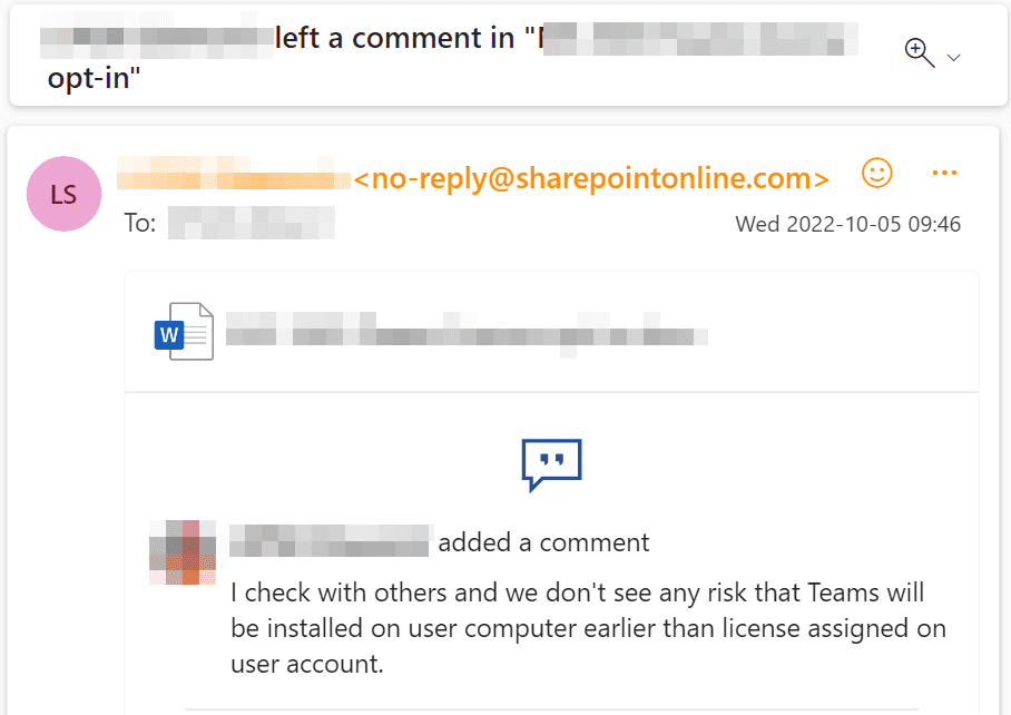 Example of notification about comment