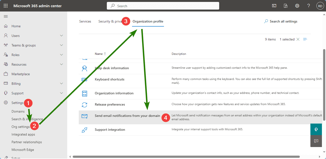 Navigating to settings of custom domain for email notification 