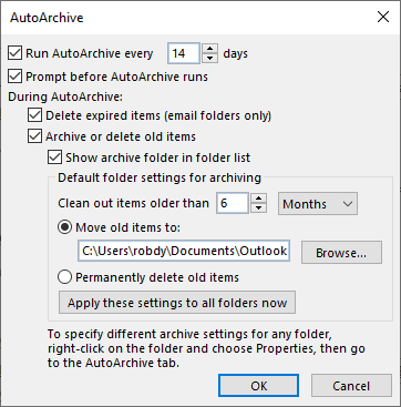 AutoArchive options in Outlook