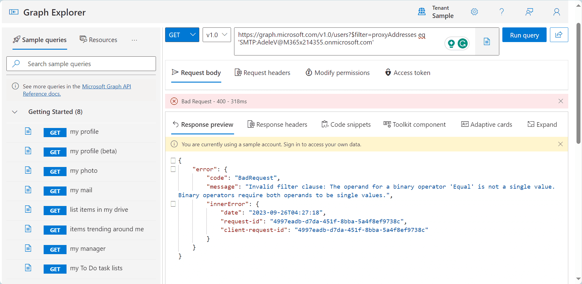 Bad request when trying to filter the proxyAddresses