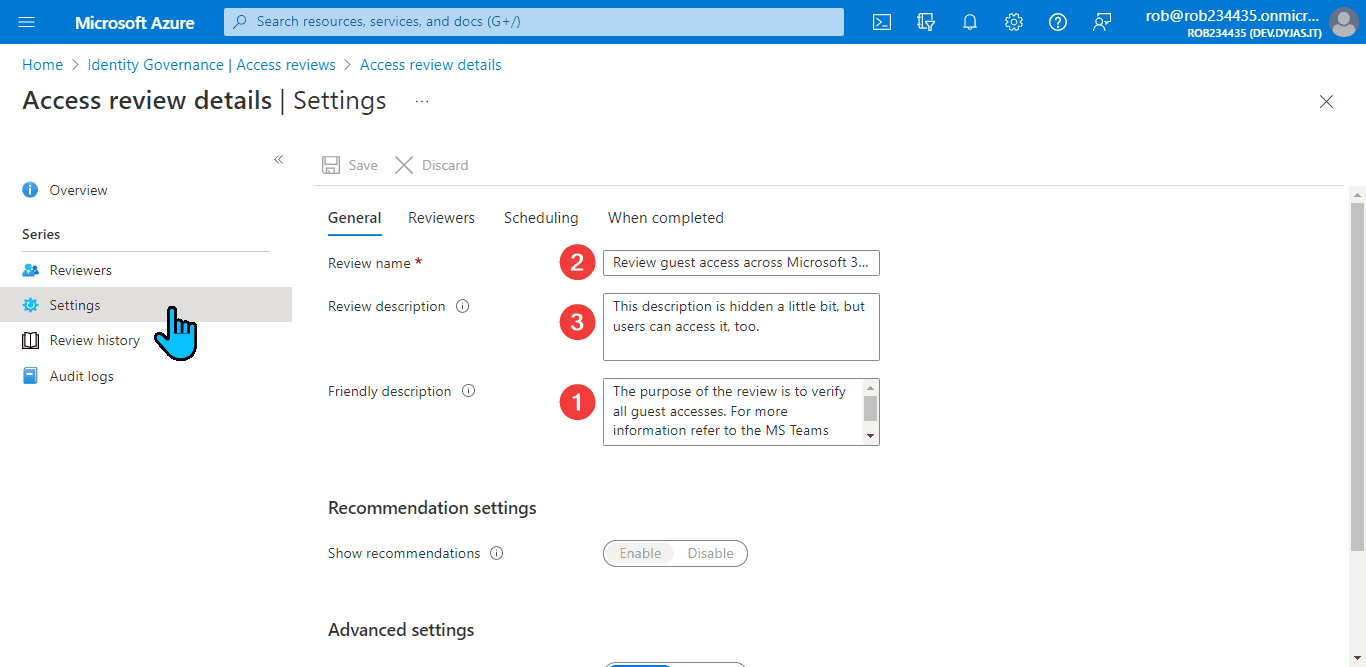 Access review settings view