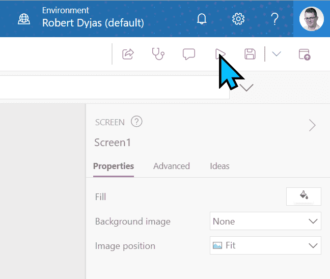 Play button in the PowerApps app editor