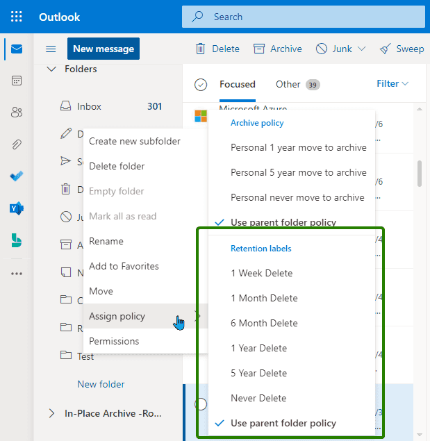 Selecting retention tags with Outlook on the web