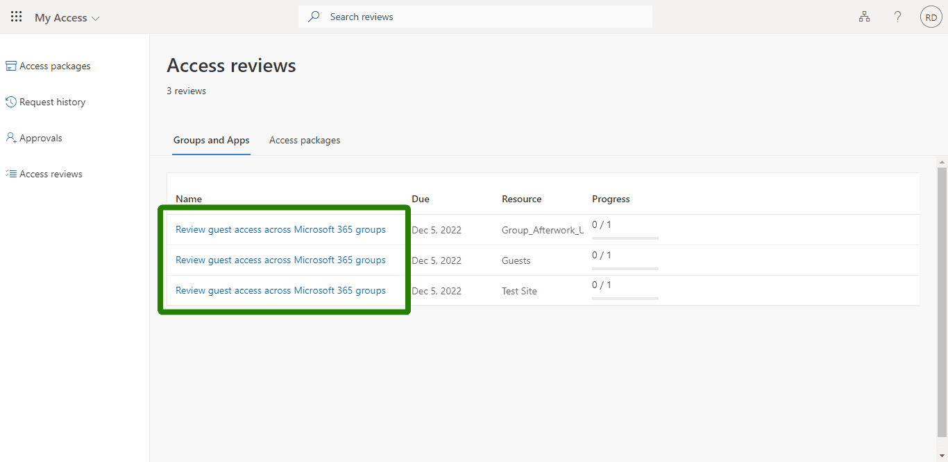 Entries visible on the access reviews page