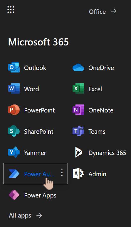 Microsoft 365 menu with Power Automate chosed